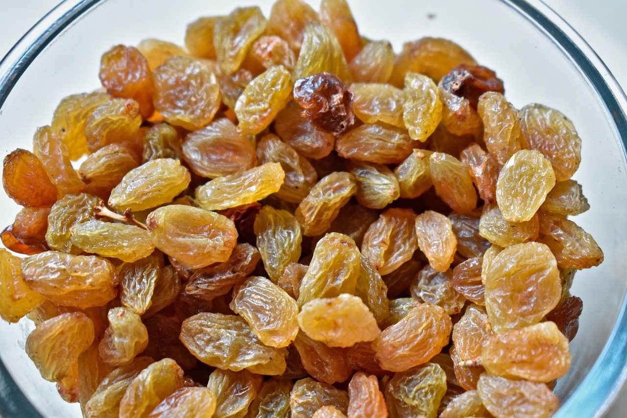 Glass bowl of golden, round raisins (kishmish) — VISAVA raisin factory, Vijayapura, Karnataka